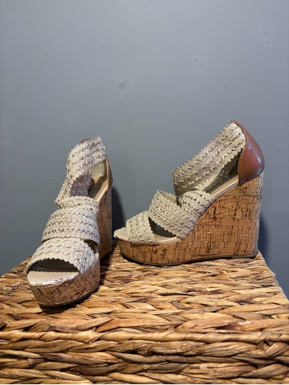Steve Madden Crochet Cork Wedge Sandals - Beige and Brown